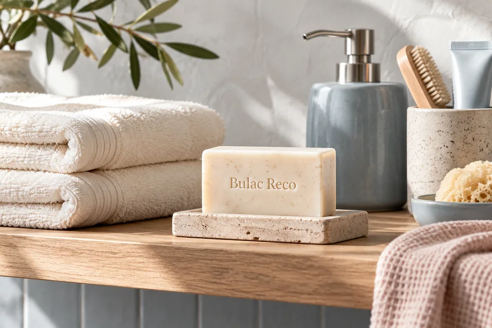 Folded cream towels and a soap bar on a bathroom shelf