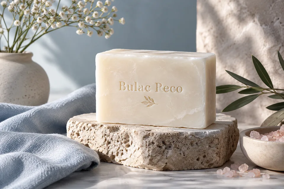 Ivory cleansing bar on a sculptural stone pedestal