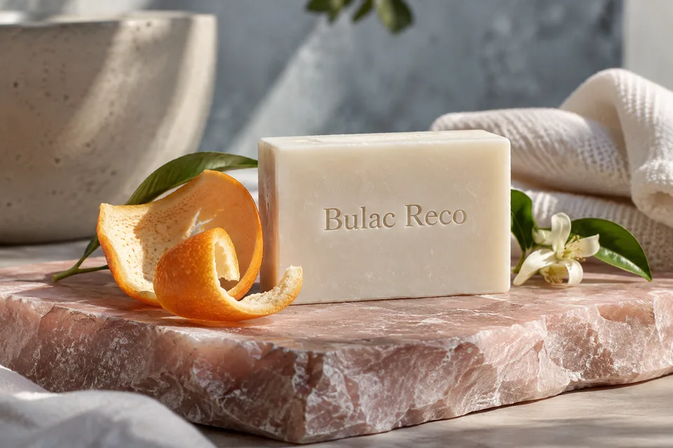 Citrus peel beside a soap bar on a pink surface